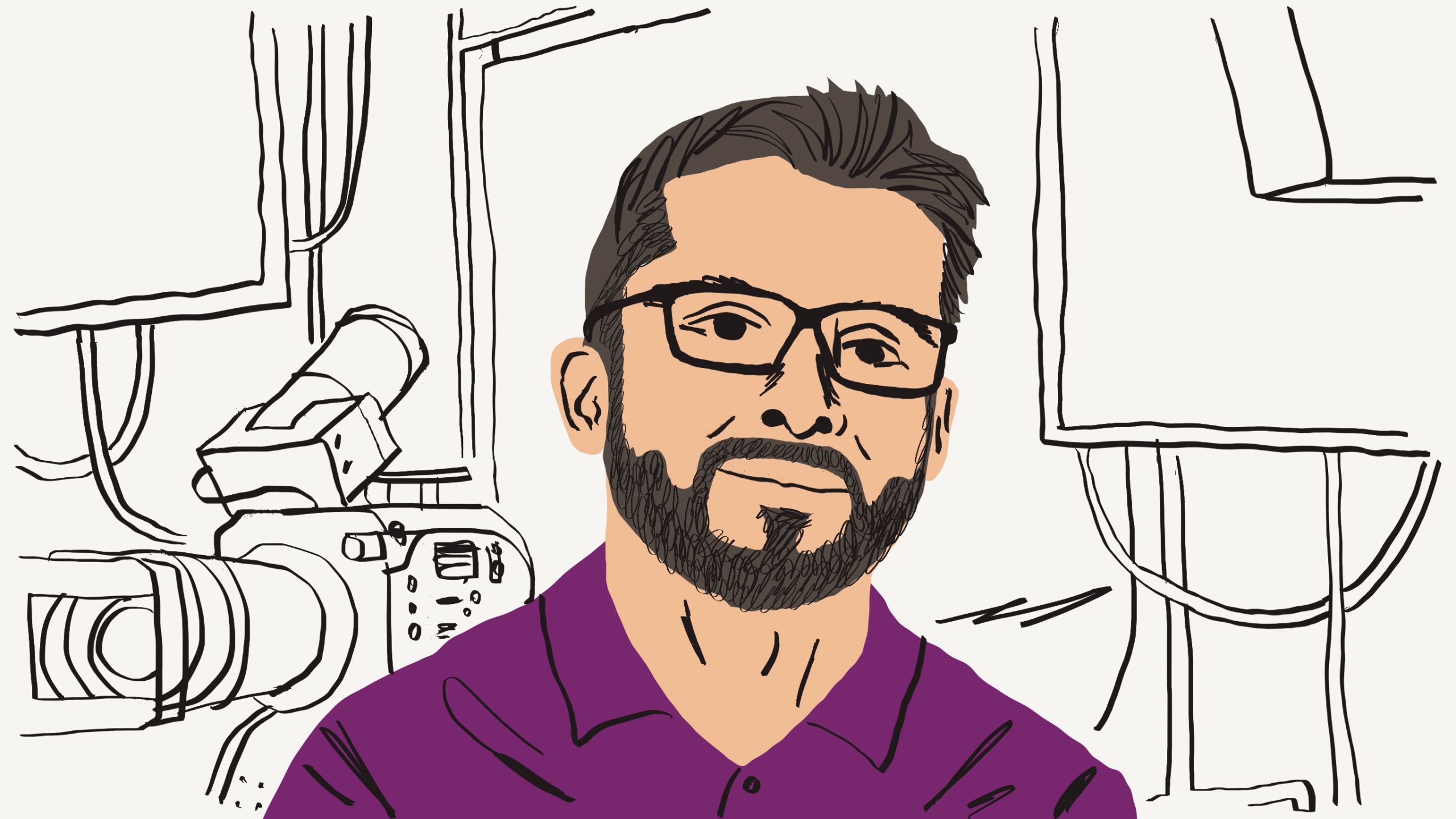 Illustration of a person with glasses wearing a purple shirt in front of a film camera
